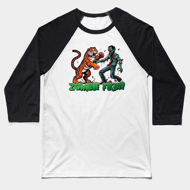 Tiger vs Zombie Fight Baseball T-Shirt by Rawlifegraphic